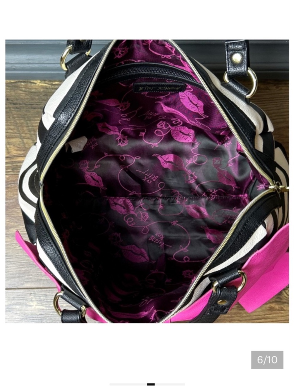 Purse-Betsey Johnson Hot Pink & Black-White Striped Bow Satchel - Picture 14 of 14